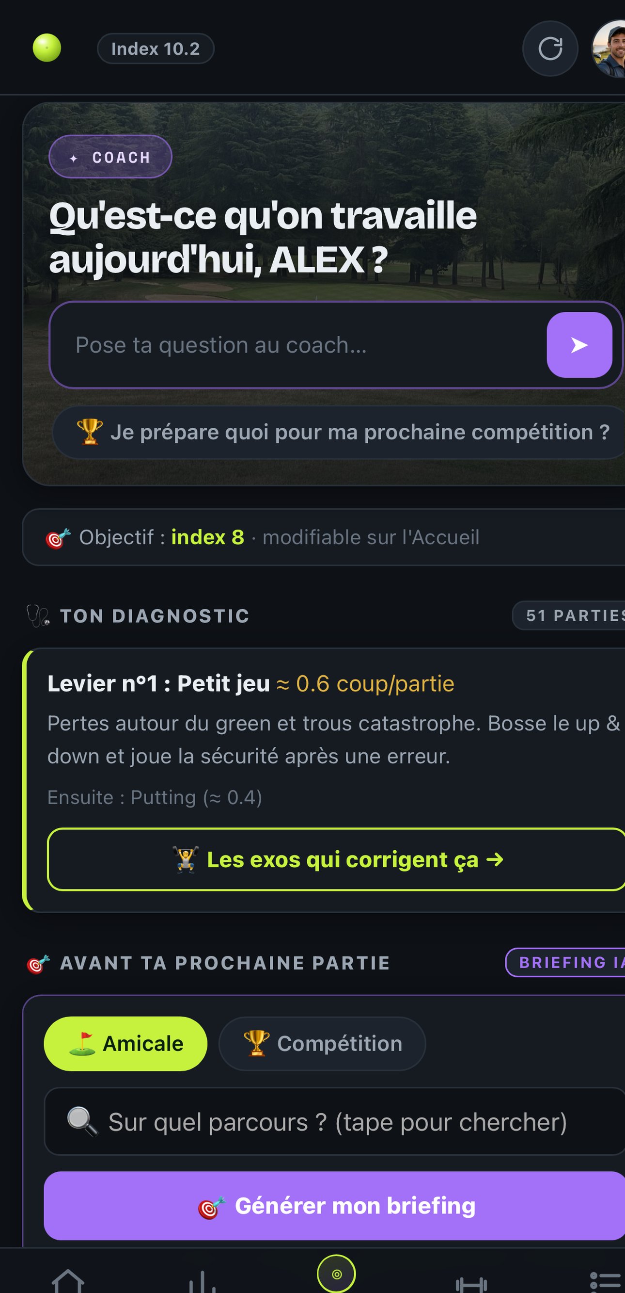B-Scratch — l'onglet Coach : qu'est-ce qu'on travaille aujourd'hui, ton diagnostic et ton levier n°1