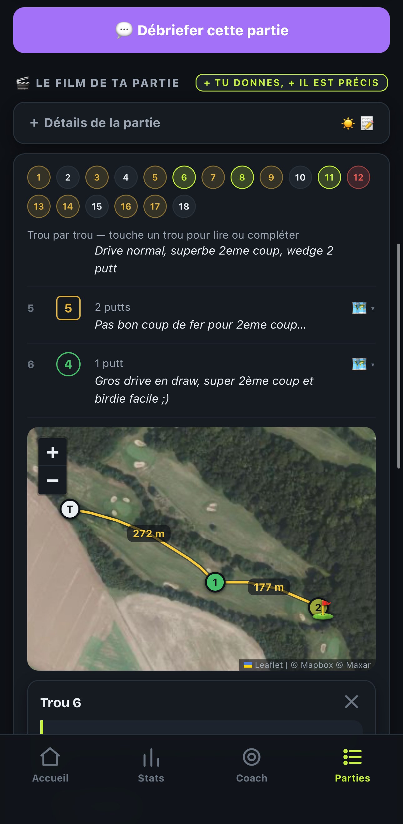 Le film du trou 6 : drive de 272 m au centre, approche et birdie sur la carte satellite