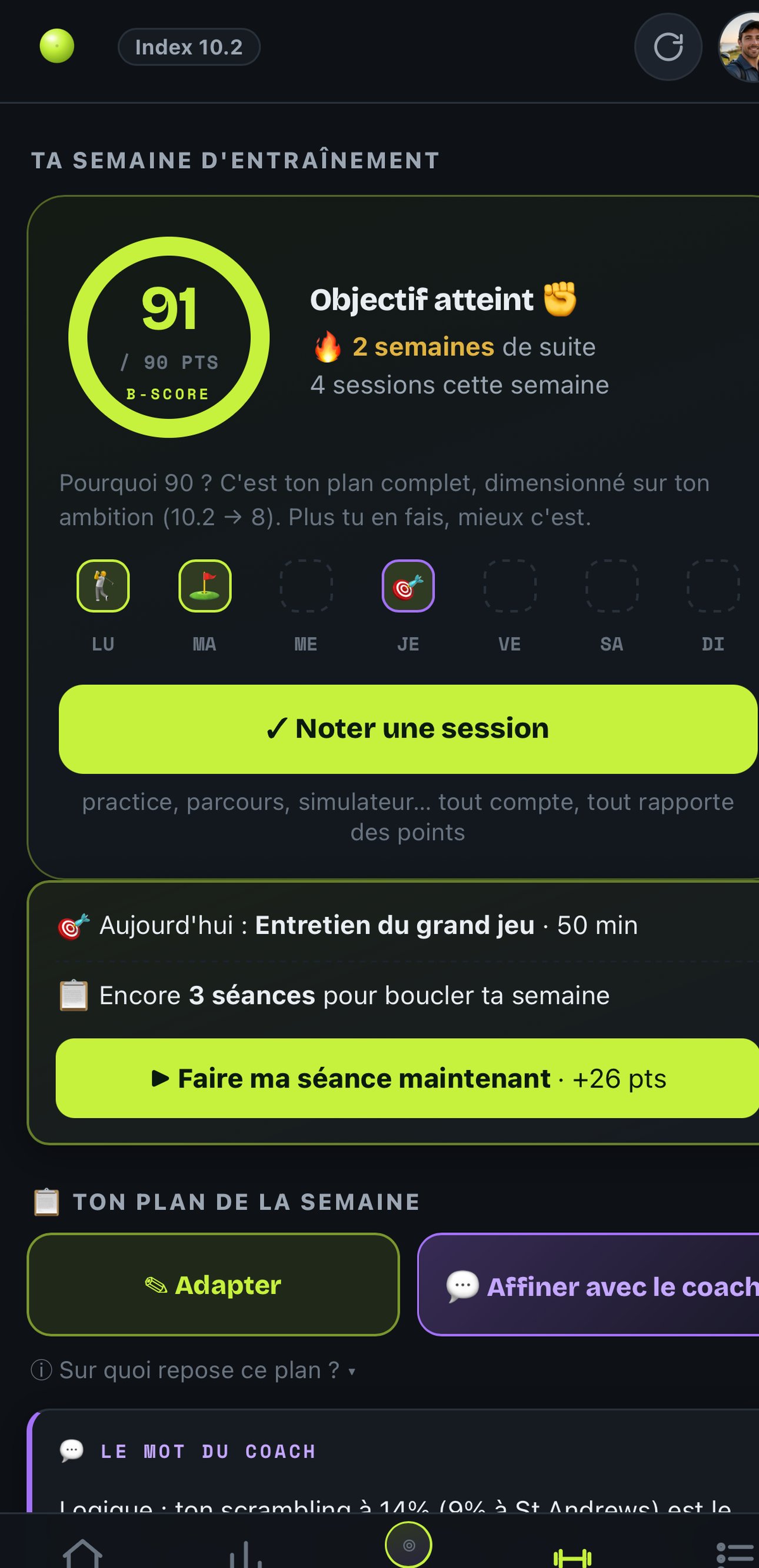 Ton plan de la semaine : B-Score 91 sur 90, objectif atteint, séances composées automatiquement